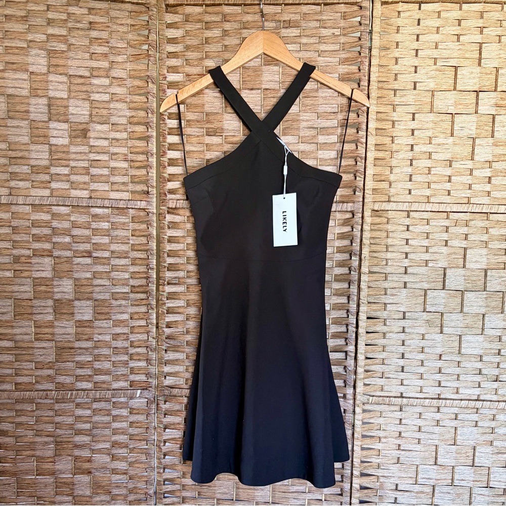 NWT LIKELY Black Ashland Cross-Halter Fit & Flare Mini Dress Size 0